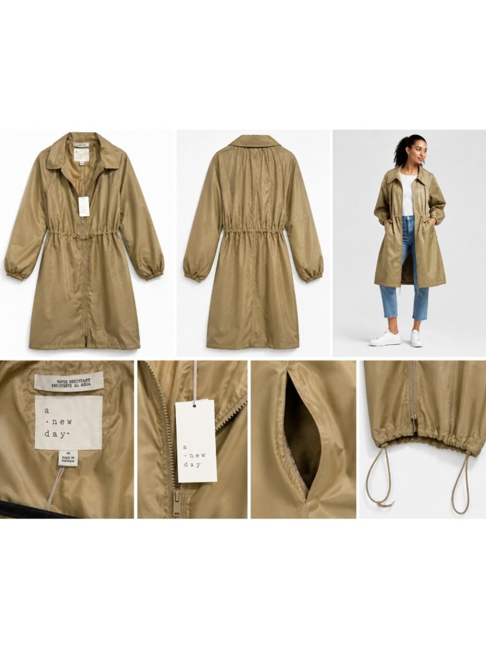 A New Day Women's Long Water-Resistant Windbreaker Jacket Tan Khaki Size M NWT